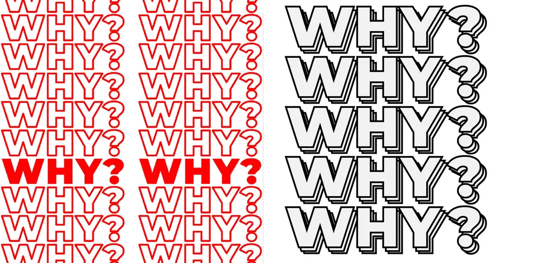 Two potential logos side by side. One is the word "WHY?" repeated in red and white text. The other is black and white.
