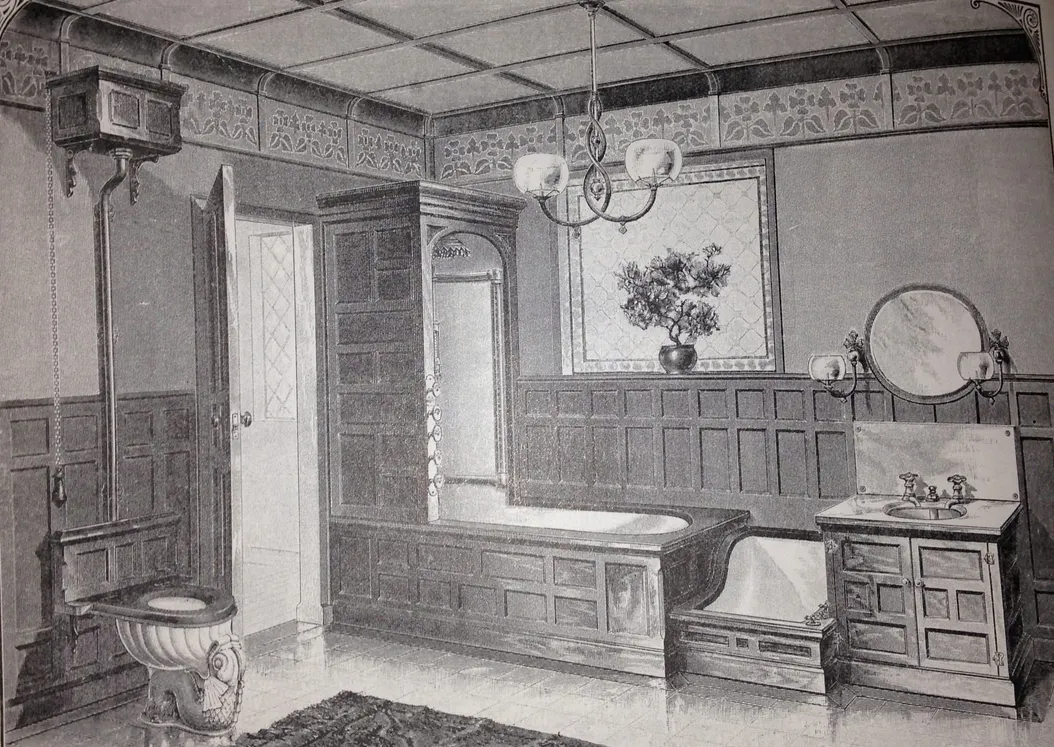 an old timey drawing of a bathroom from the early 1900's with a tub, a toilet, a bidet, and a sink