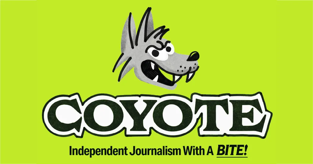 A bright green background, with a grey cartoon coyote head on it, and text that says "COYOTE Independent Journalism with a BITE!"