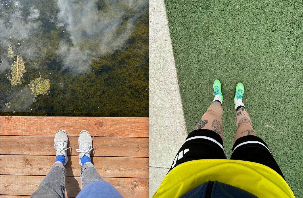 Two images. On the left, looking down at legs wearing grey jeans and light blue vans, on a dock. On the right, wearing soccer cleats.