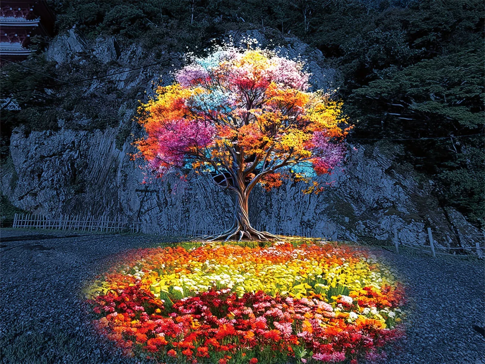 Colorfully illuminated tree installation in Gifu Park at night
