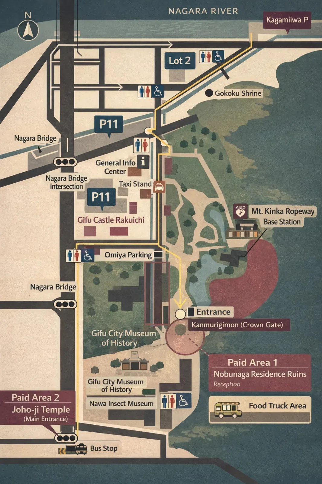 English map of Gifu Park illumination area including Joho-ji Temple and Mount Kinka Ropeway