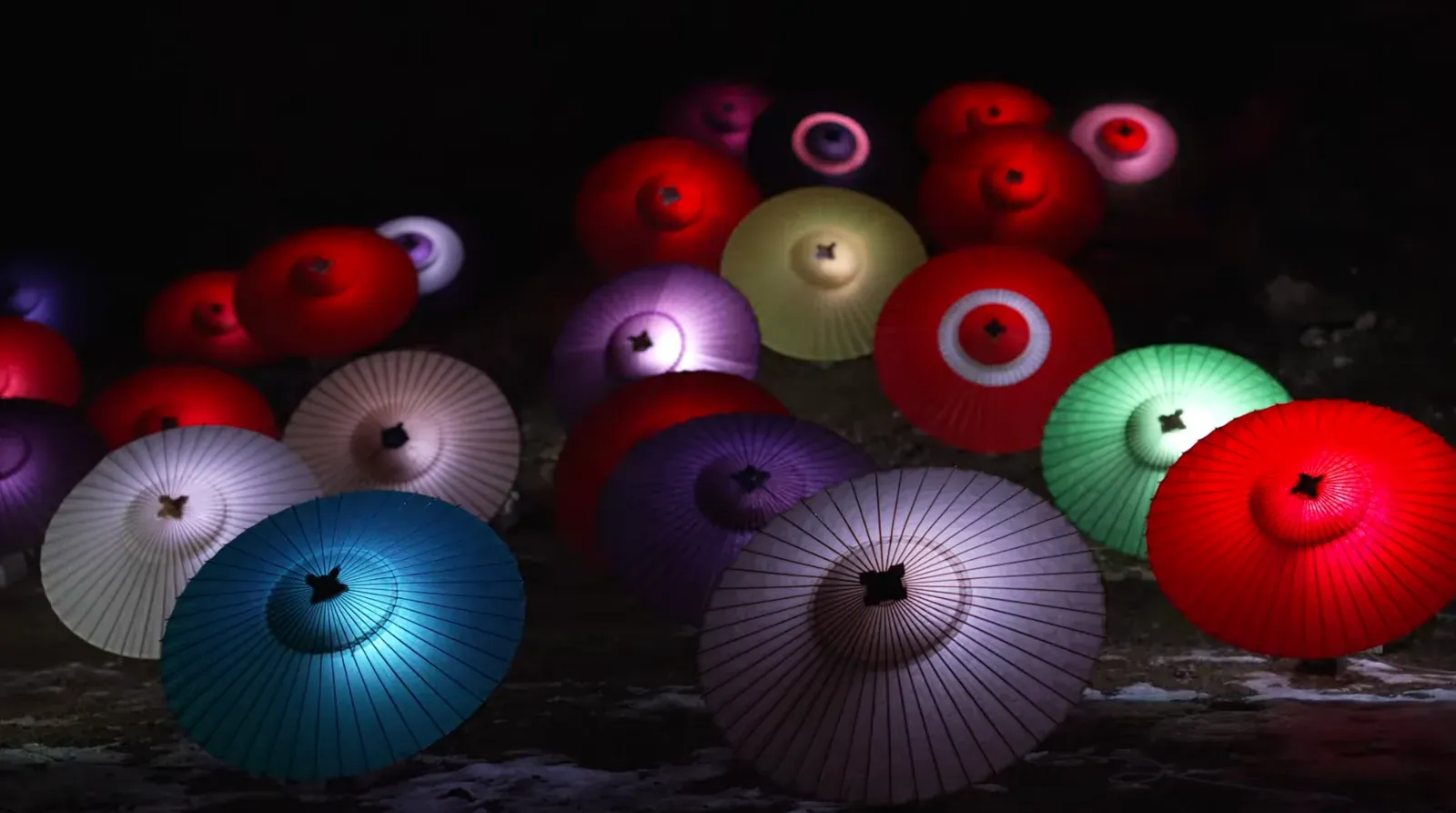Colorful Japanese umbrellas warm up the cold winter night