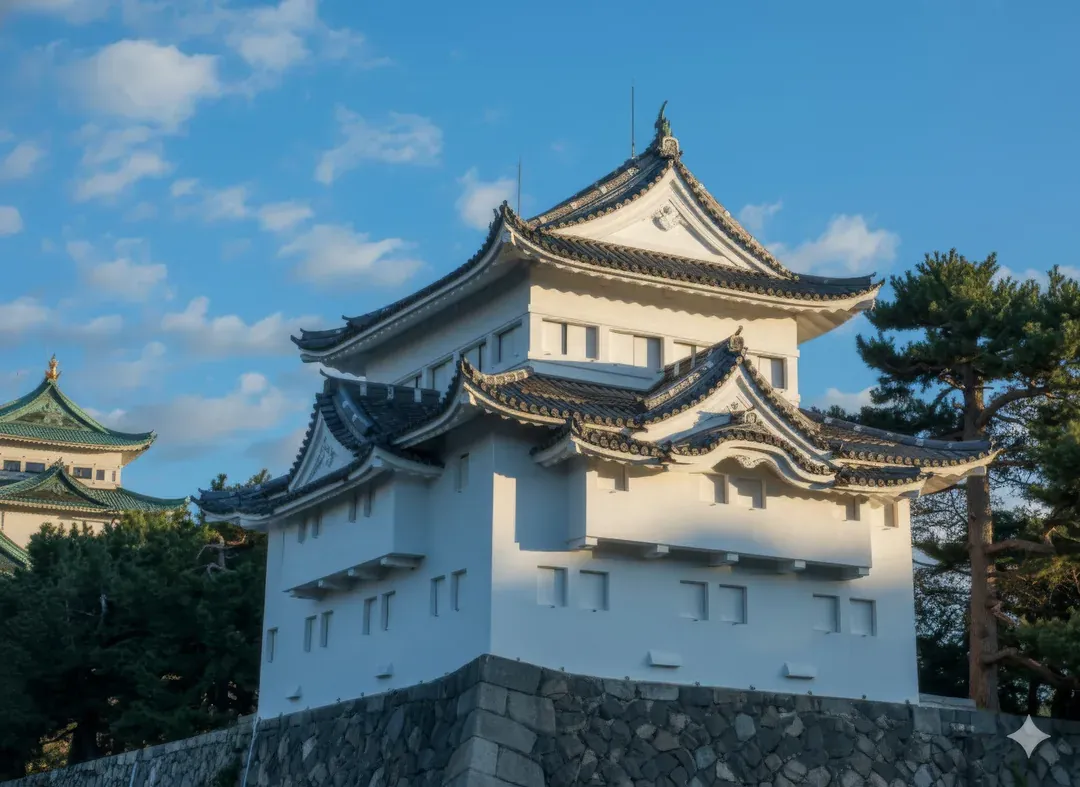 White plaster Southwest Turret at Nagoya Castle against a blue sky