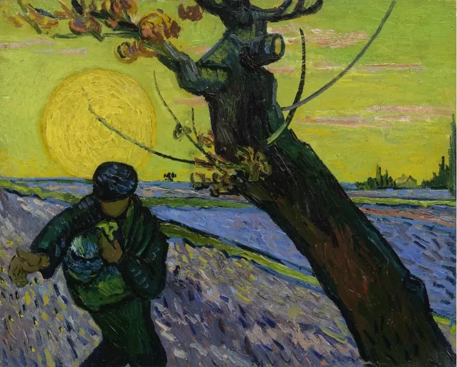 A farmer walking across a field at dusk with a large yellow sun low on the horizon, painted in bold, expressive colors.