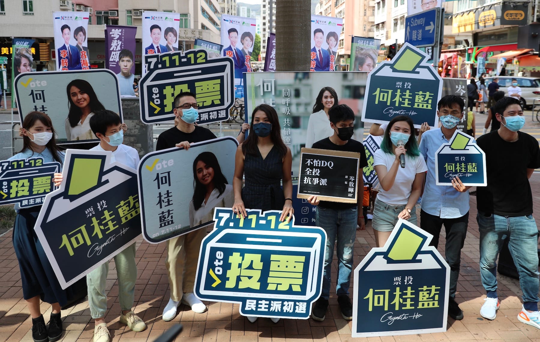 people in hong kong protests against sentencing of 14 activists