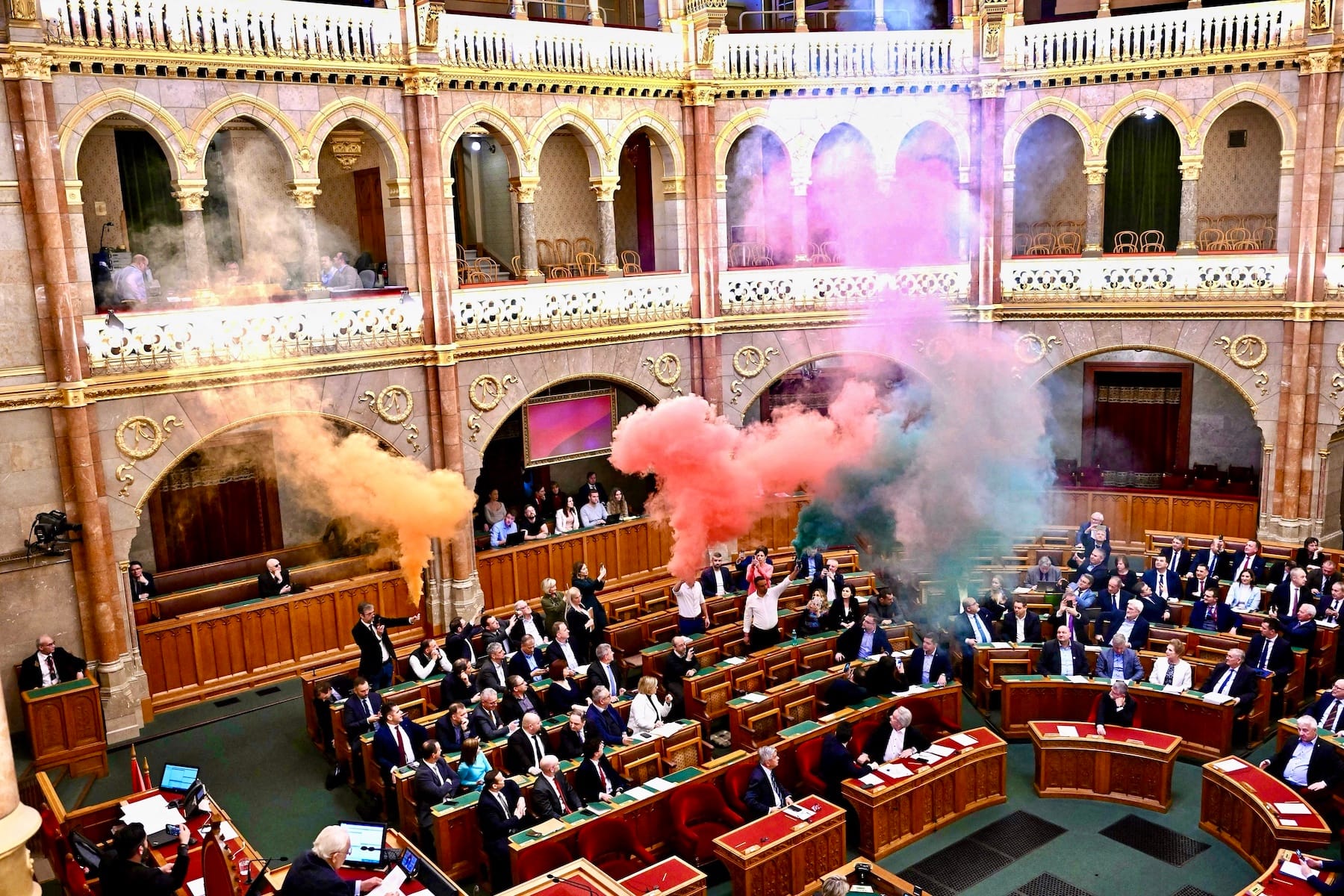 hungary rainbow smoke bomb parliament