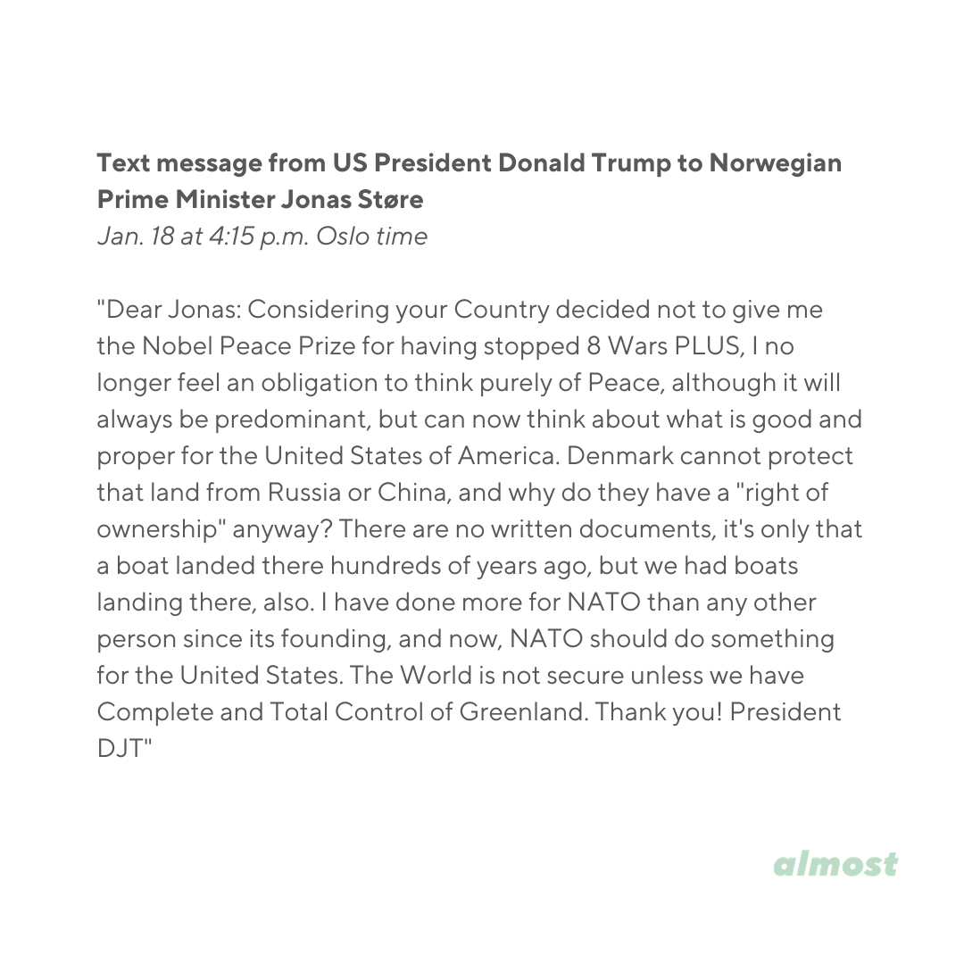 trump norway prime minister text exchange greenland nobel peace prize