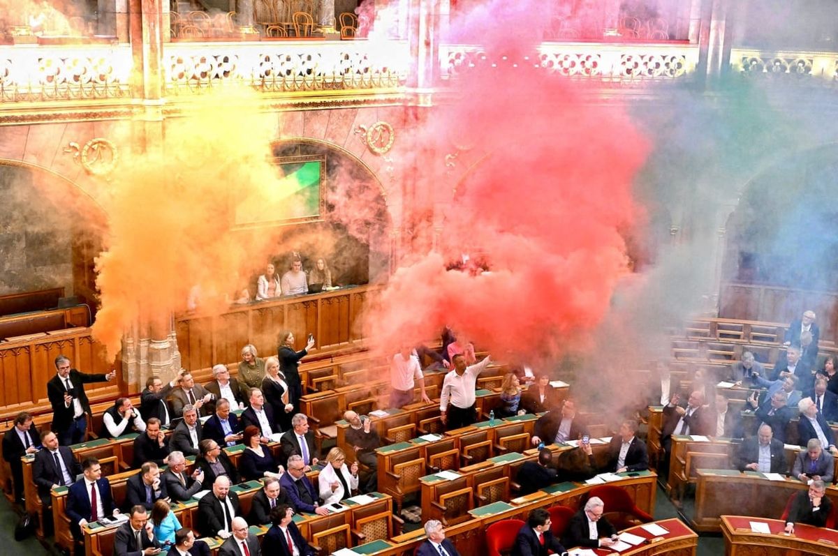 hungary lawmakers rainbow smoke bomb pride ban