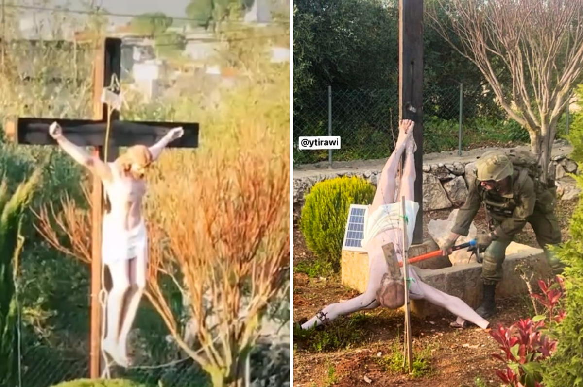 israeli soldier jesus statue smash lebanon
