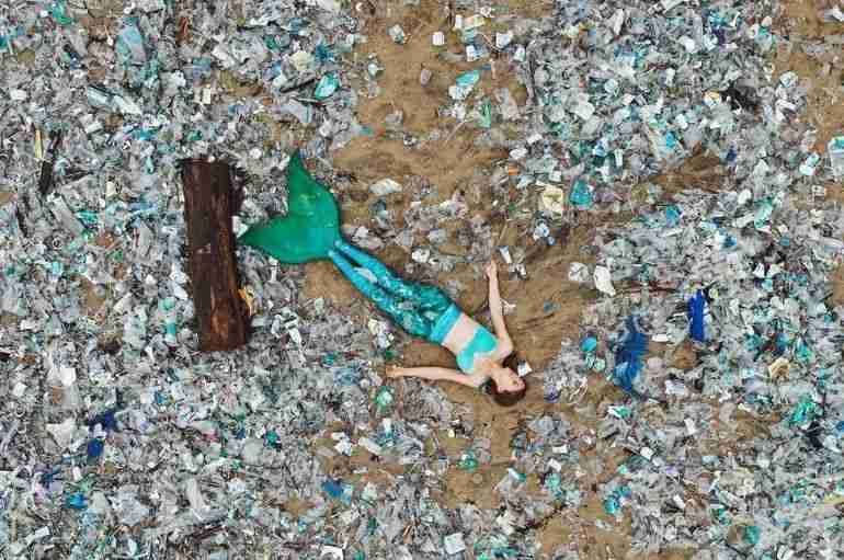 bali mermaid trash beach pollution