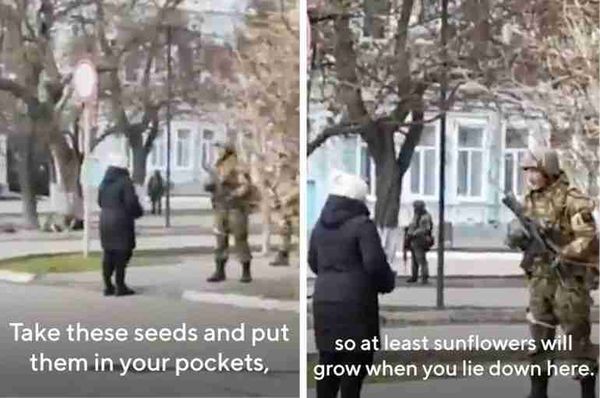 ukraine woman sunflower seeds russian soldiers