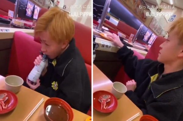 japan conveyor belt sushi restaurant licking prank