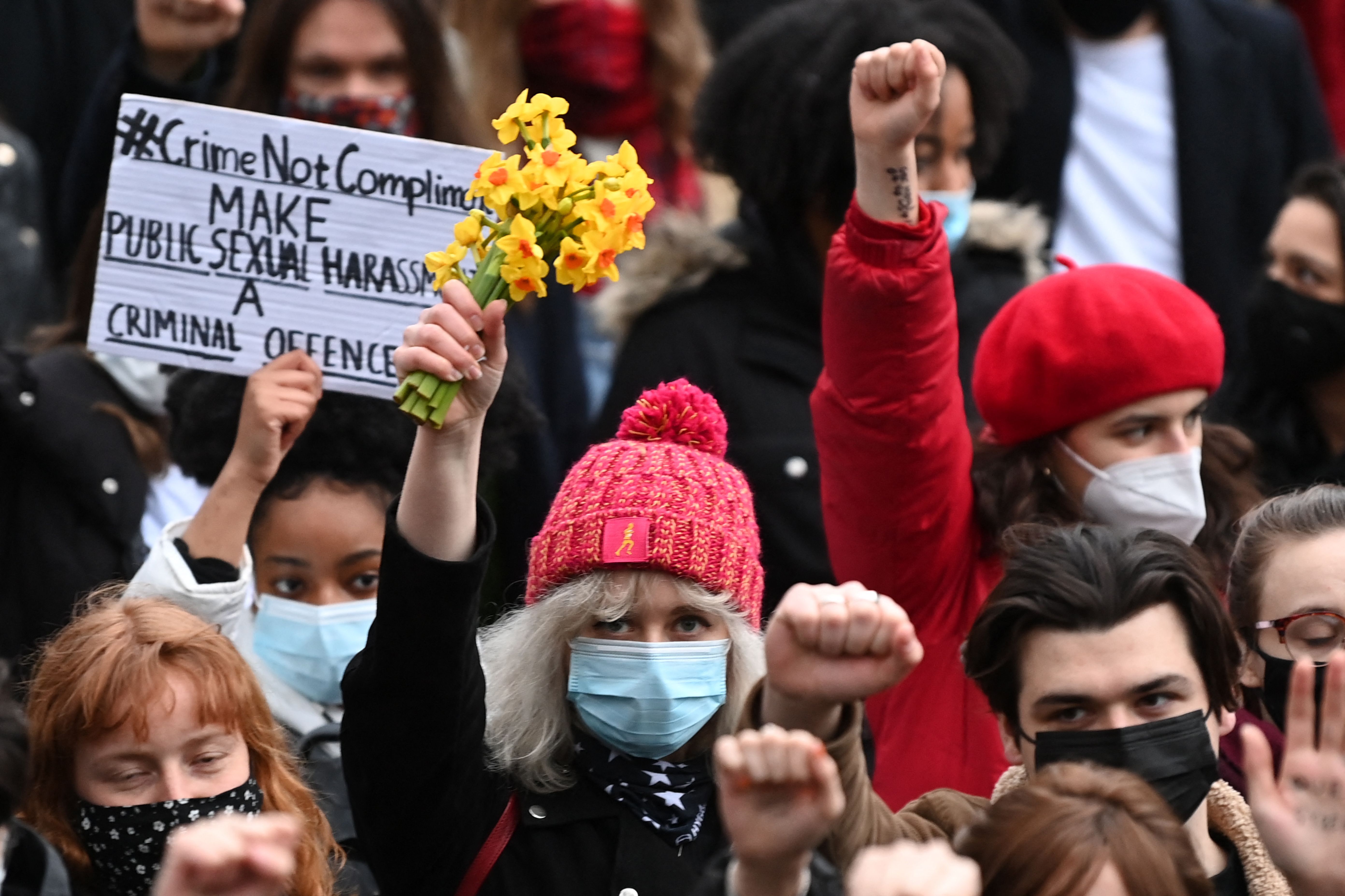 protesters called for public safety for women and gathered in Sarah Everard's hounour photo.
