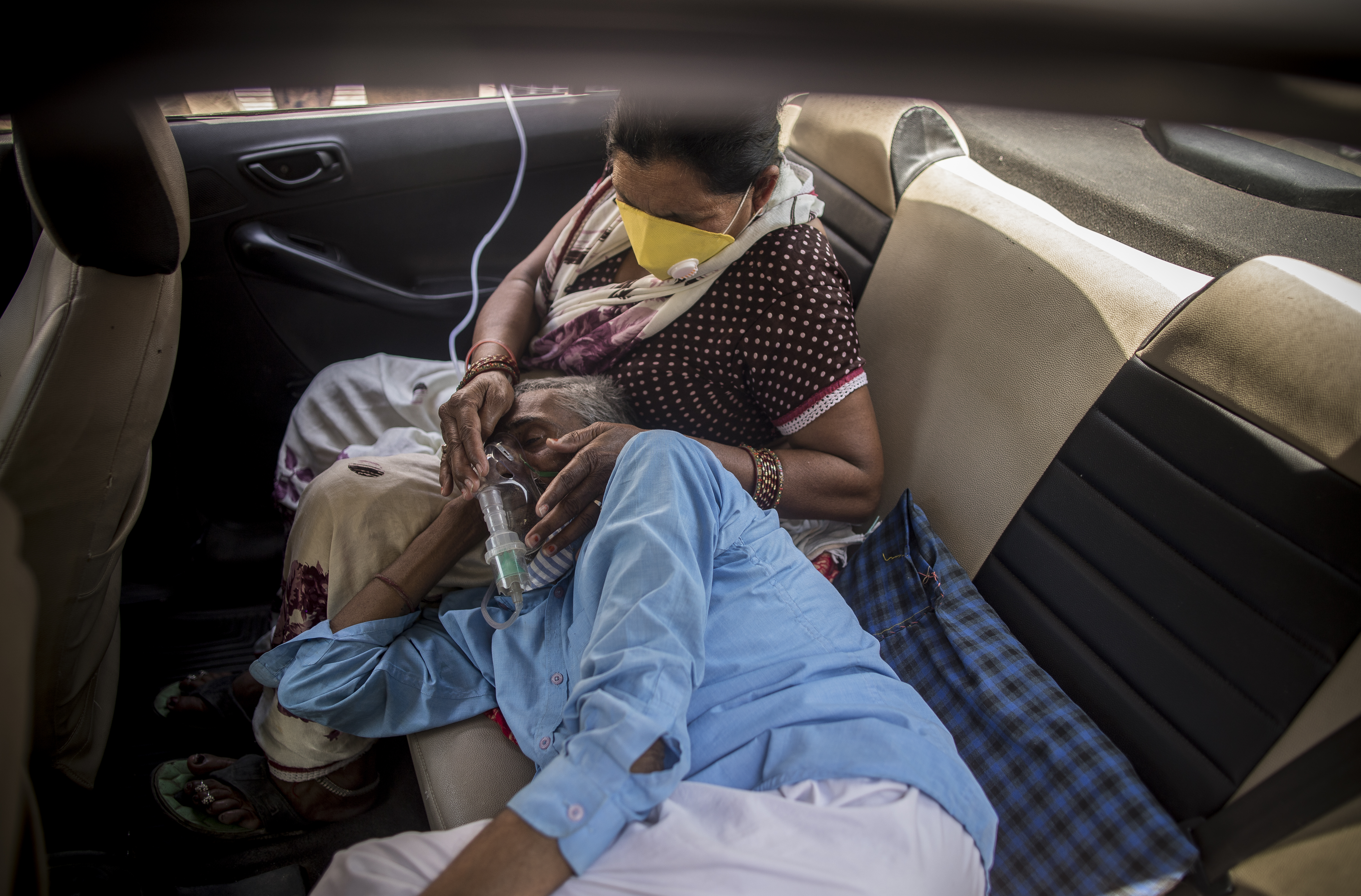 Patients who are infected with Covid-19 coronavirus can be seen wearing Oxygen masks as free Oxygen was supplied as a part of public service for the people in need by a Gurdwara or a Sikh Holy place amid the rising concerns over lack of Oxygen in New Delhi, India.