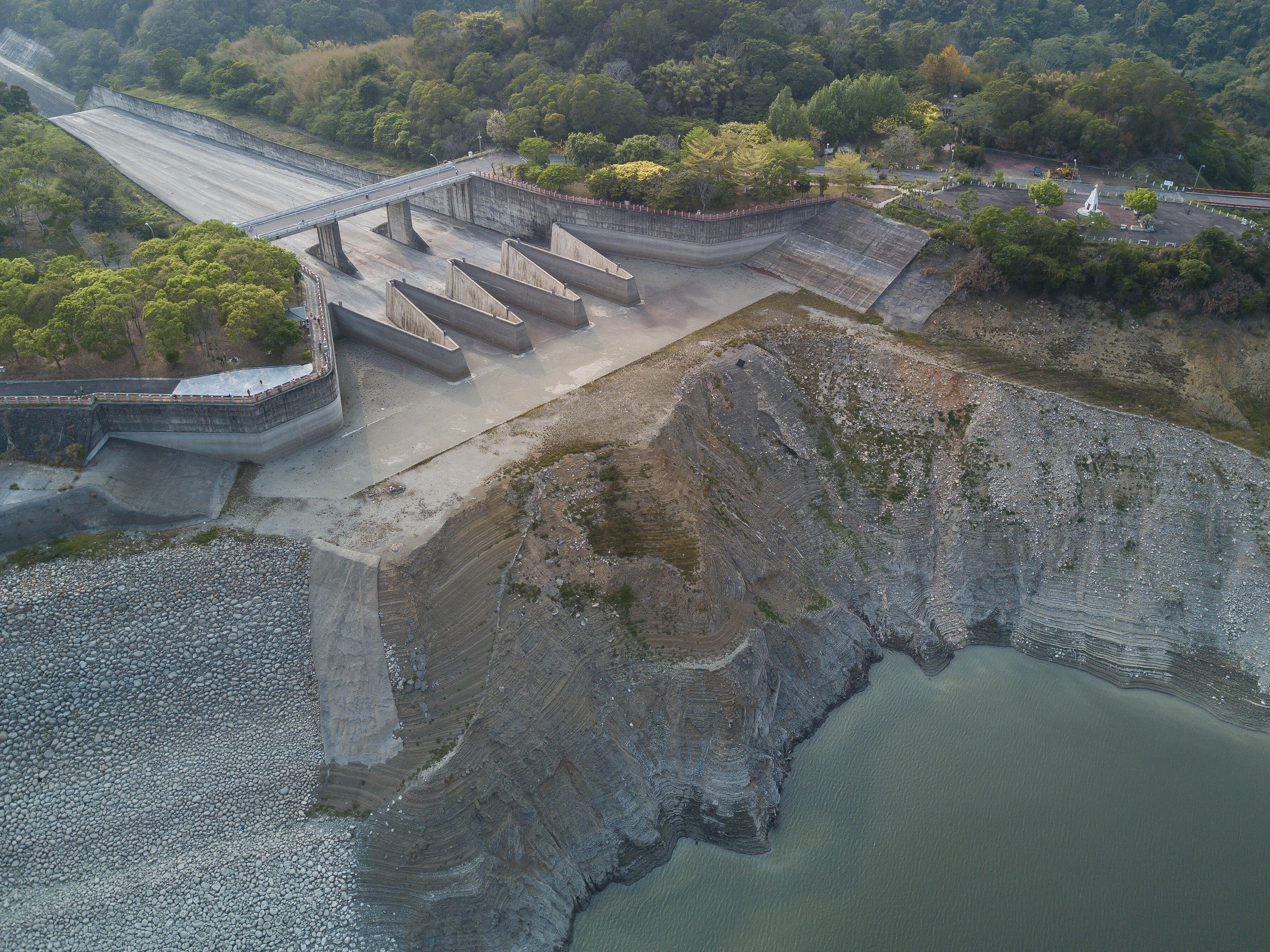 Dried reservoir bed at the Liyutan Reservoir in Miaoli, Taiwan.