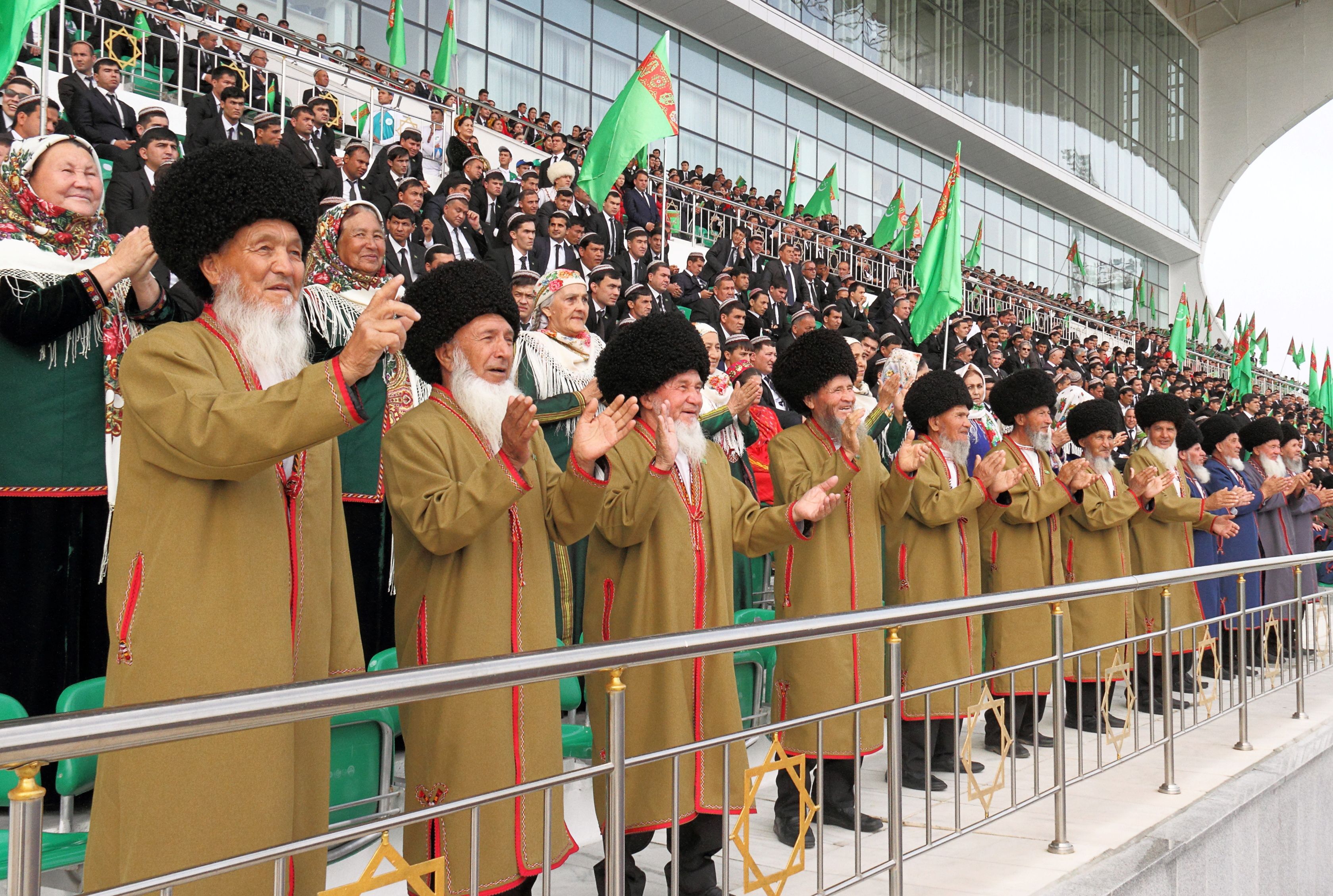 Spectators are seen in the stands during celebrations for the national Turkmen Horse Day and the Turkmen Shepherd Dog Day near Ashgabat, Turkmenistan.