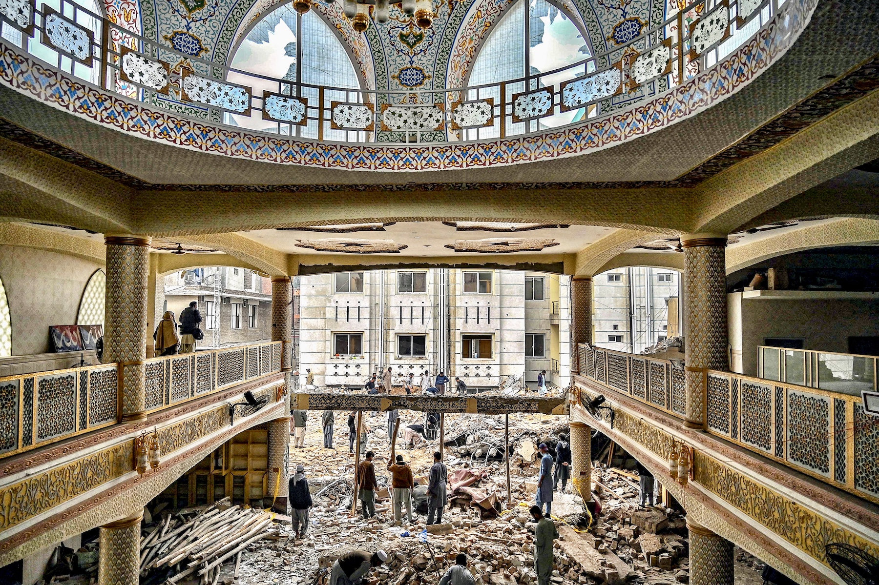 debris of the mosque after the suicide bomber attack