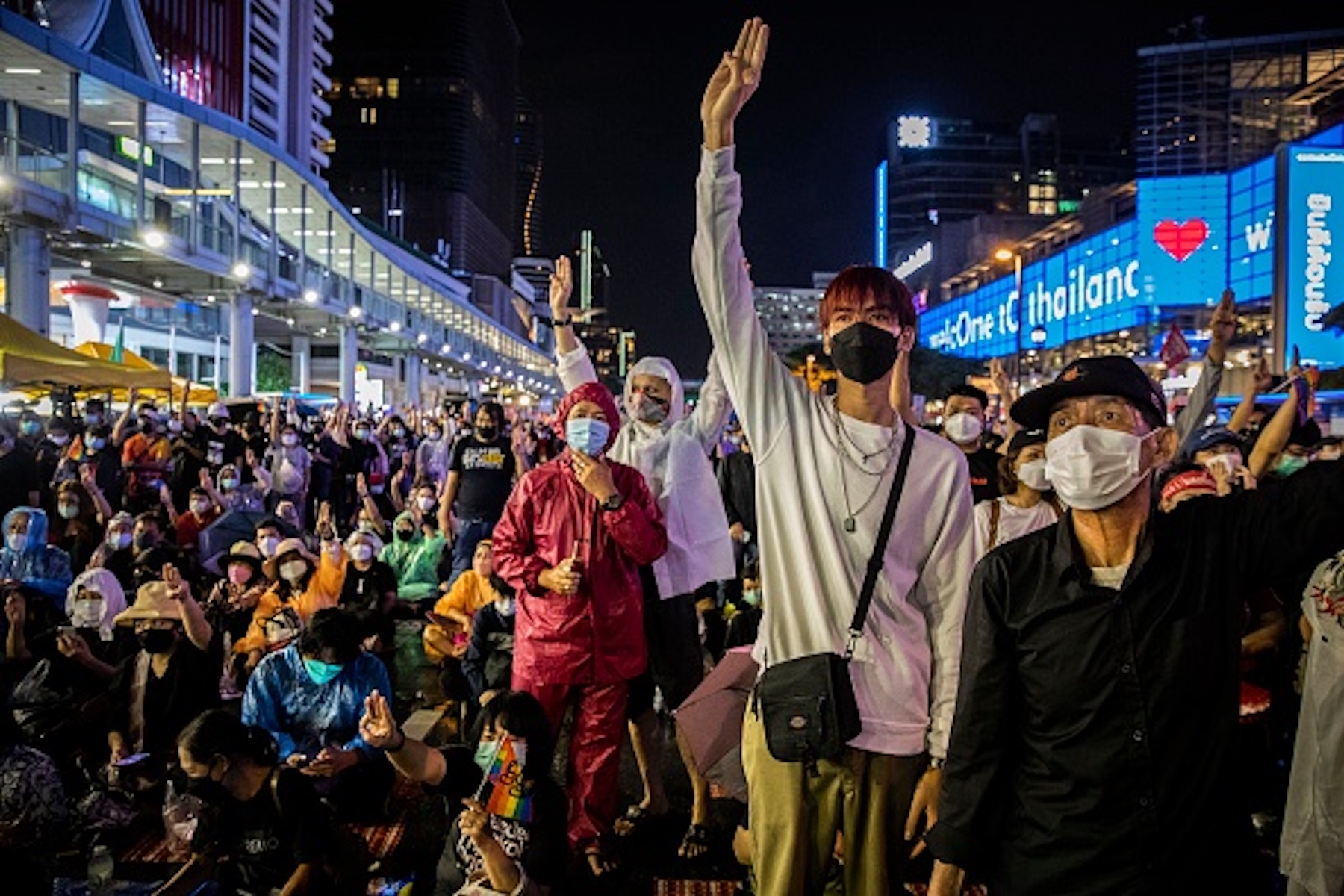 Thailand anti government hold up three fingered salute