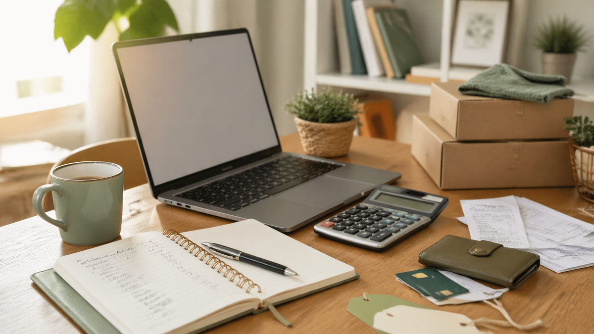About The Money Saving Guy workspace with laptop, notebook, calculator, receipts, wallet and parcel boxes on a desk in soft natural light.