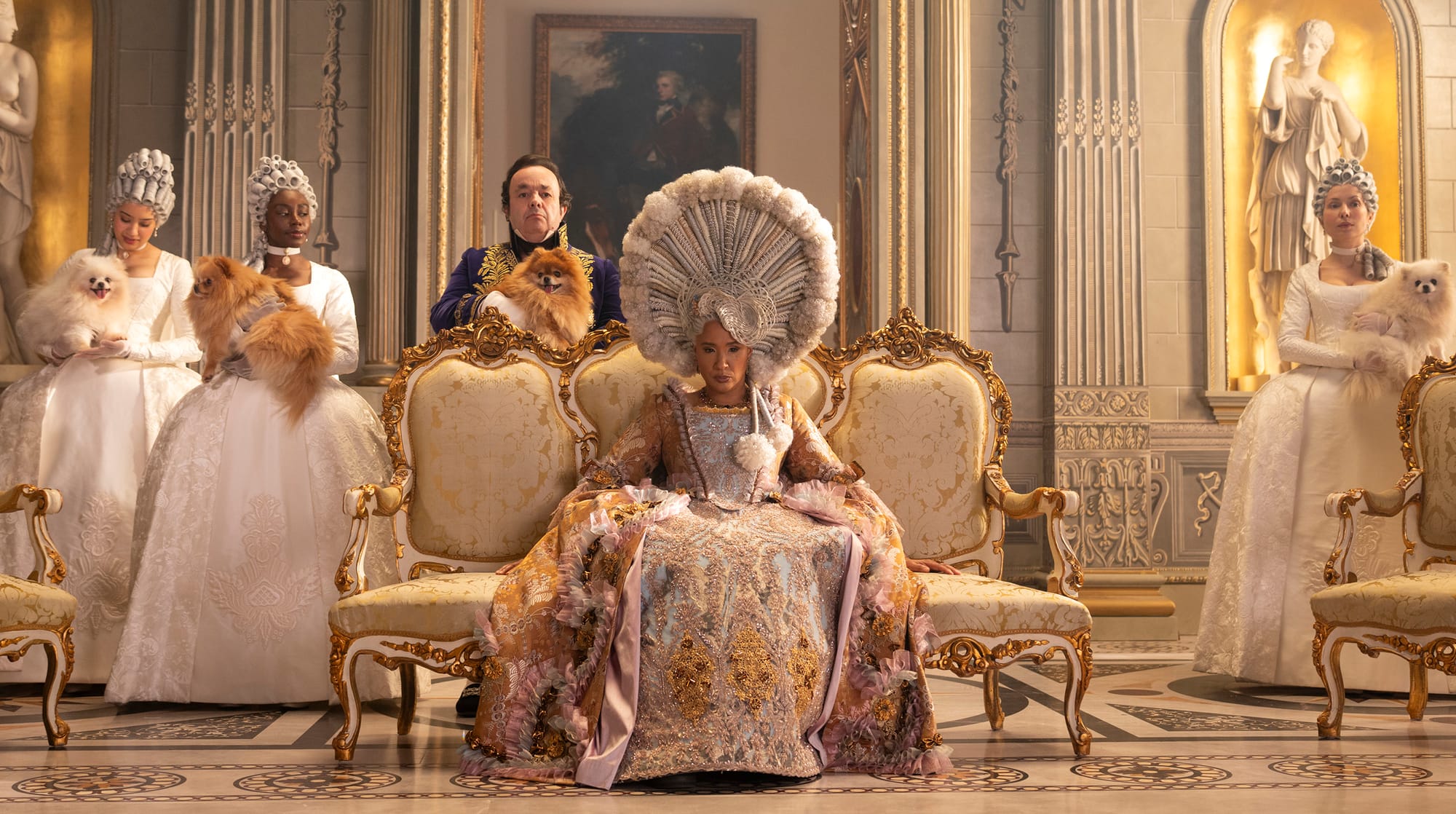 Hugh Sachs as Brimsley, Golda Rosheuvel as Queen Charlotte in 'Bridgerton' Season 4. 