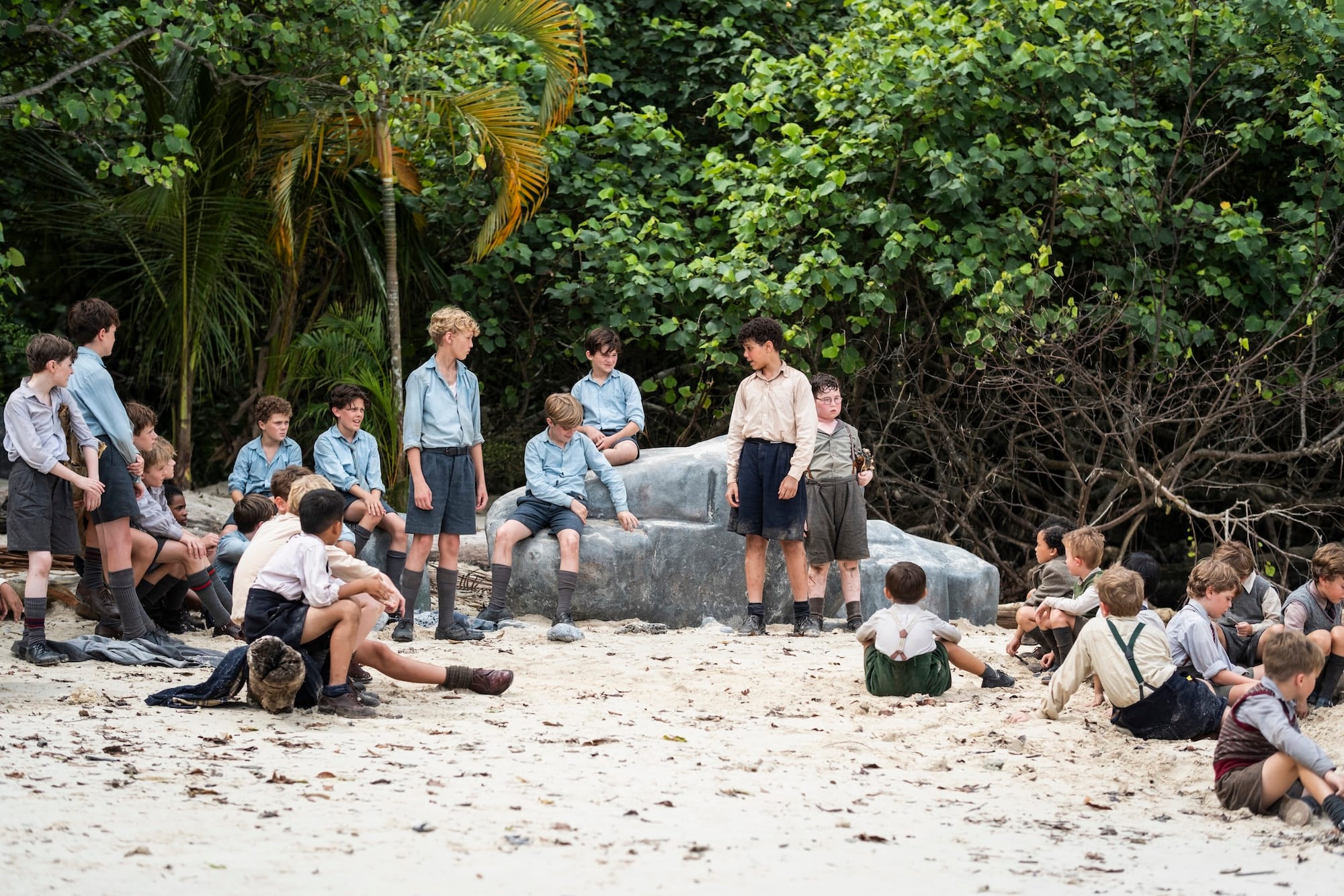 Tom Page-Turner, Cornelius Brandreth, Lox Pratt, Thomas Connor, Winston Sawyers, David McKenna, and ensemble actors in "Lord of the Flies"