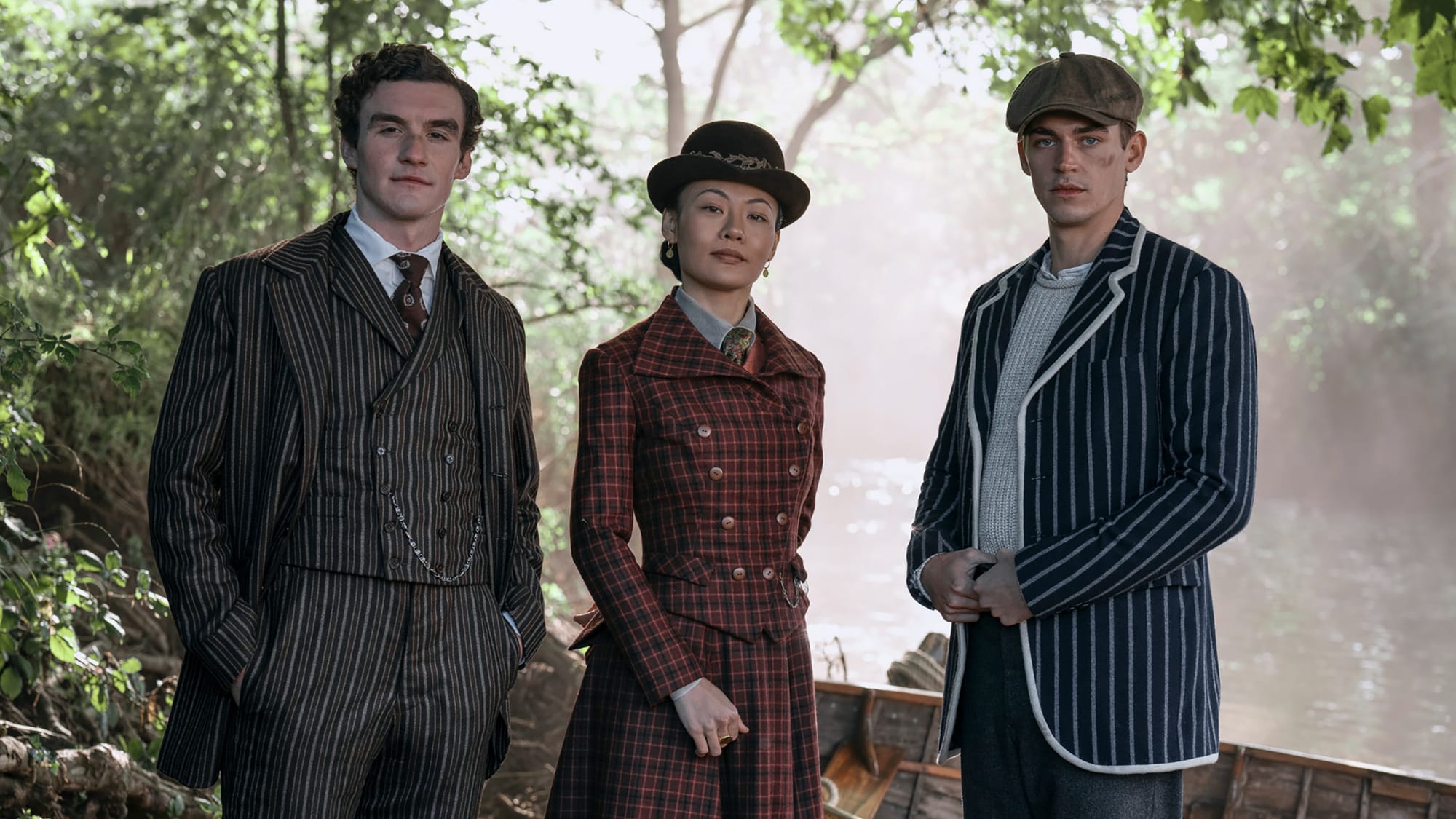 Dónal Finn, Zine Tseng and Hero Fiennes Tiffin in 'Young Sherlock'