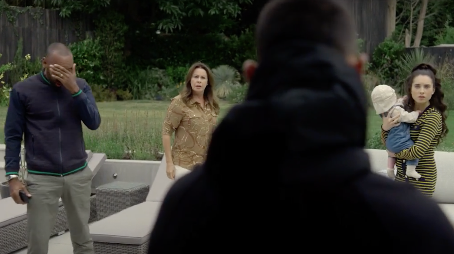 Jamie (Jack McMullen) missed! – Bobby (Kevin Harvey), Elaine (Julie Graham) and Melissa (Darci Shaw) in the garden react to Jamie's news that he missed. 