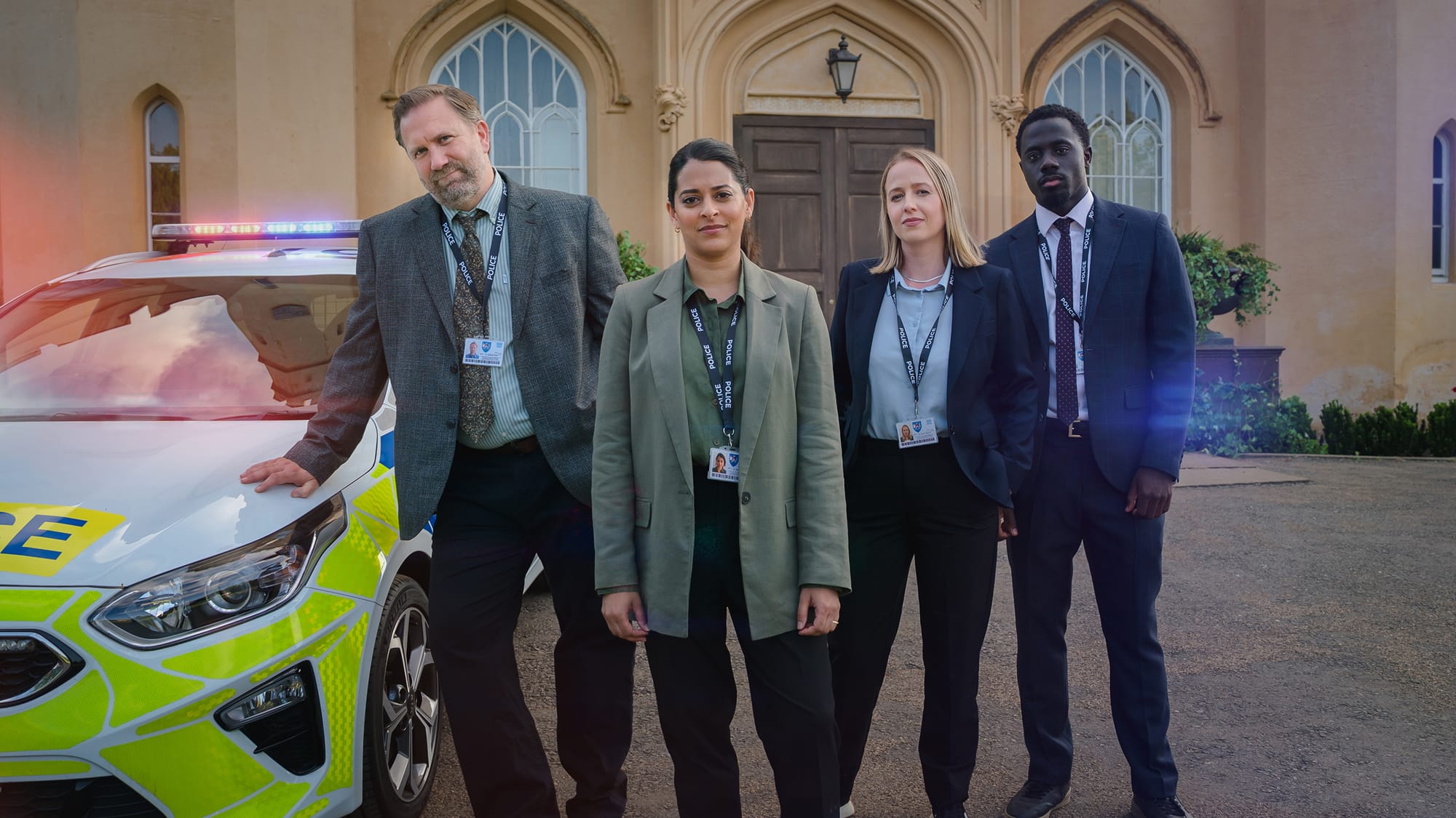 Phill Langhorne, Natalie Dew, Holli Dempsey, and Tijan Sarr in 'The Marlow Murder Club' Season 3