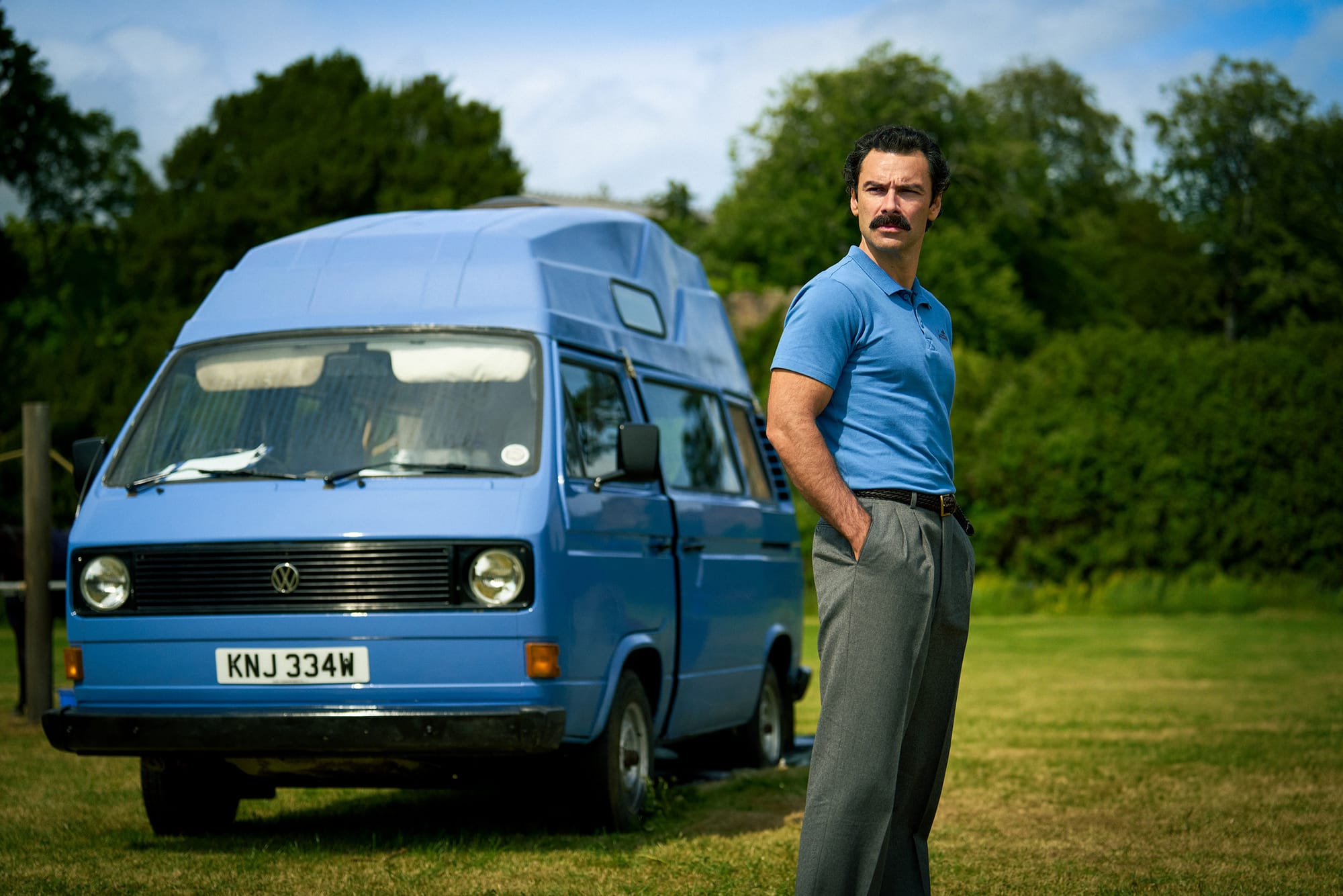 Aidan Turner and Aidan Turner's Aggressively Tom Selleck Mustaches in 'Rivals' Season 2