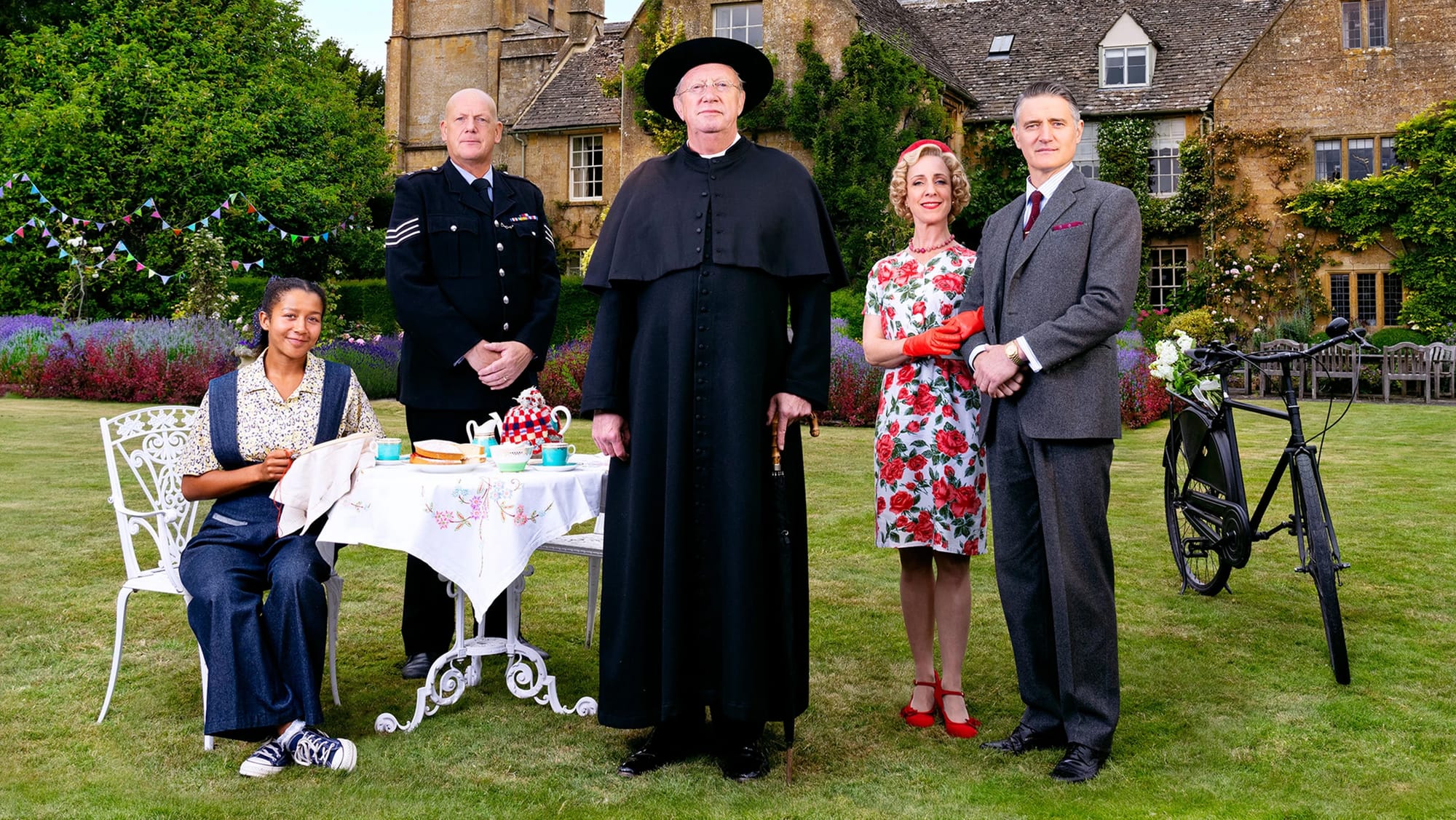 Ruby-May Martinwood, John Burton, Mark Williams, Claudie Blakely, and Tom Chambers in 'Father Brown' Season 13