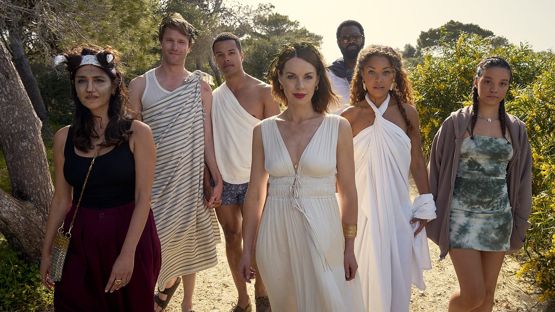 Leila Farzad, Hugh Skinner, Khalil Gharbia, Jessica Raine, Nicholas Pinnock, Antonia Thomas and Maria Almeida in 'Two Weeks in August'