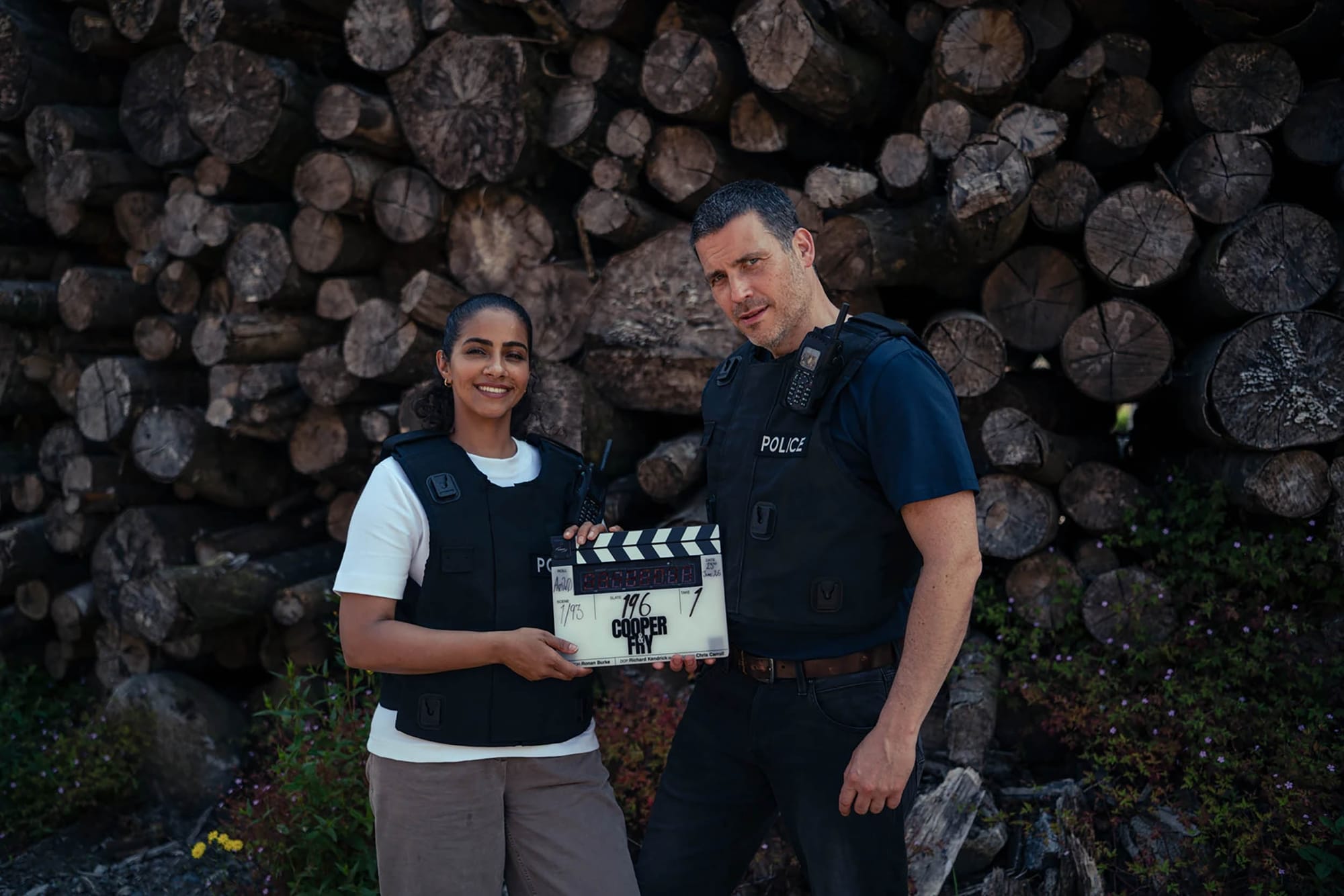 Mandip Gill and Robert James-Collier on the set of 'Cooper & Fry' Season 2