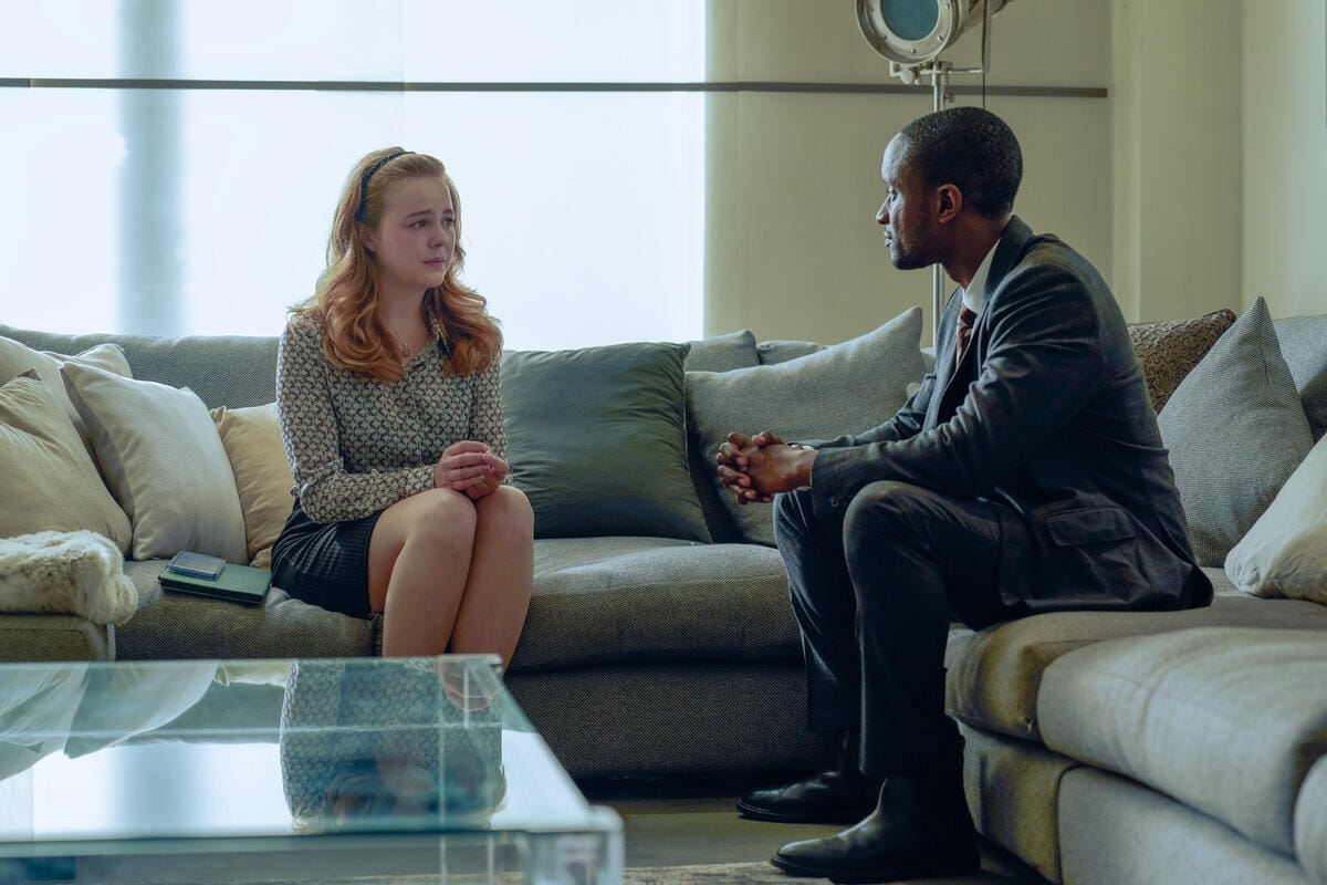 Cate Chalk-Harris (Plum Griffiths) is interviewed by DC Connor Pollock (Peter Bankolé)
