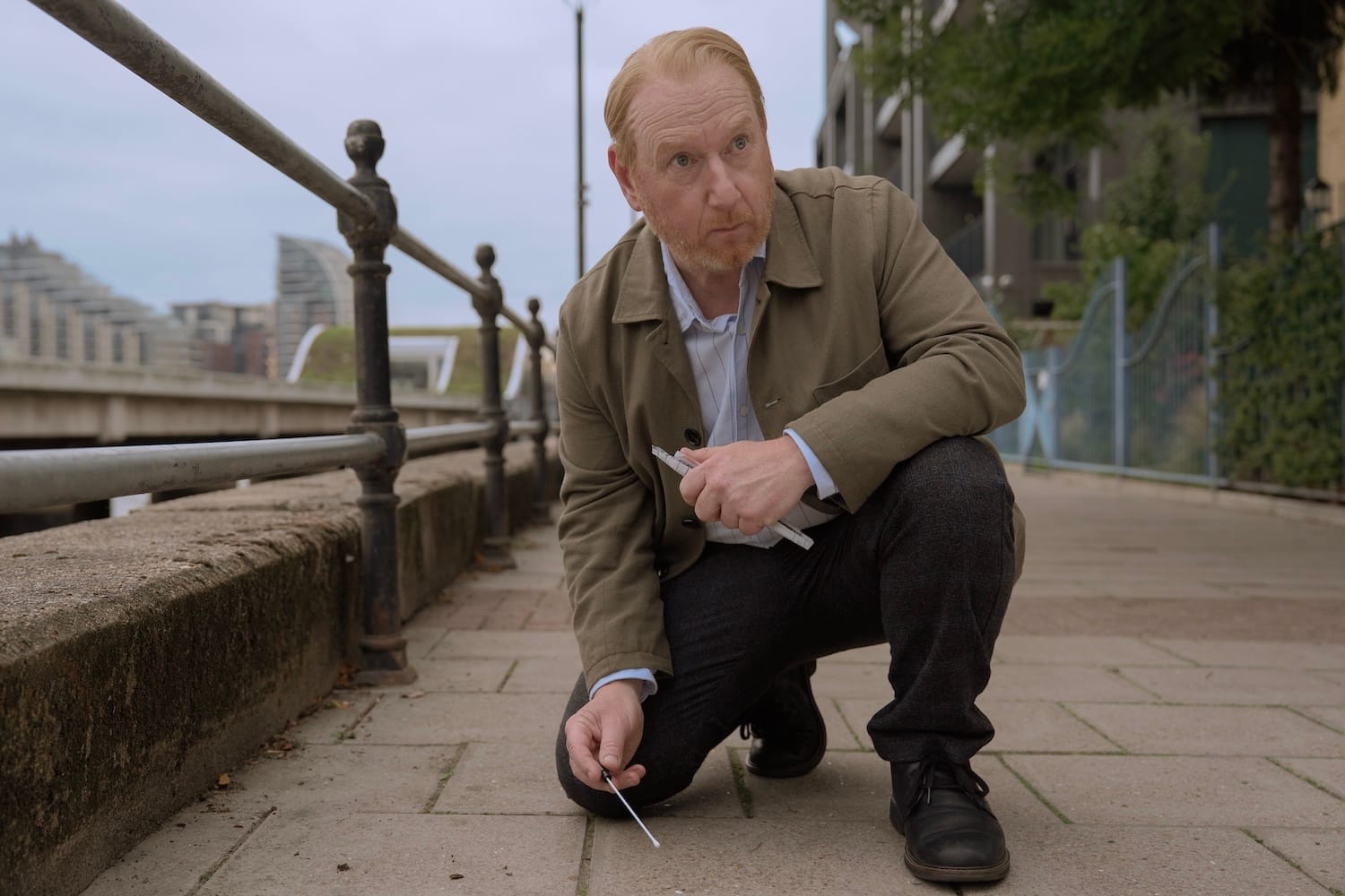 Max (Adrian Scarborough) takes a sample of bloodstains near the Aether.
