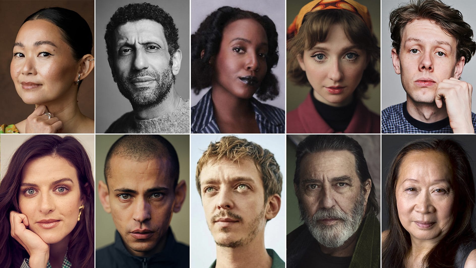 Headshots of Hong Chau, Adeel Akhtar, Tamara Lawrance, Emily Fairn, Josh Finan, Aisling Loftus, Tawfeek Barhom, Nahuel Pérez Biscayart, Ciarán Hinds, and Hélène Patarot