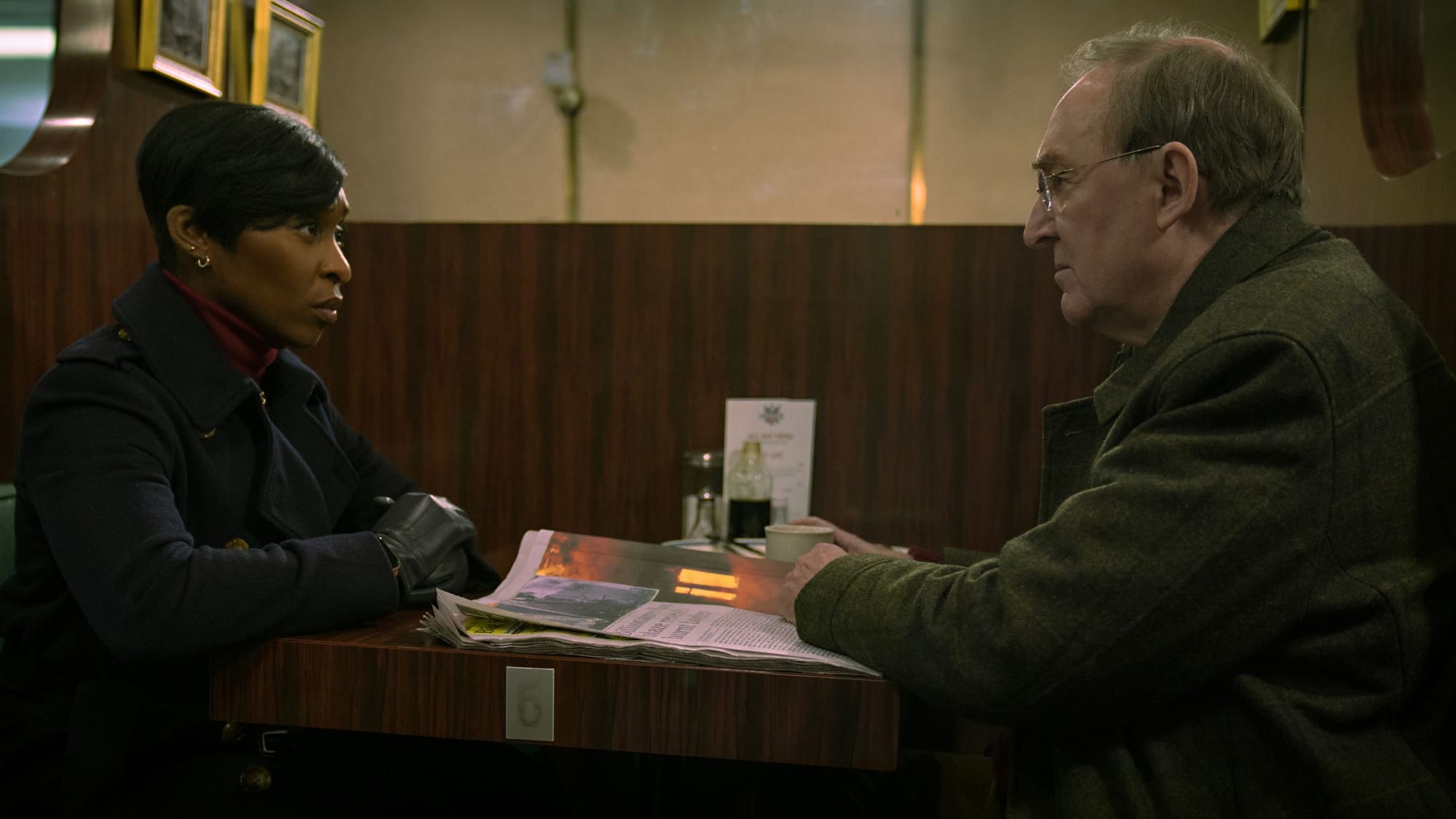 Cynthia Erivo as Odette Raine and Dermot Crowley as Martin Schenk in Luther: The Fallen Sun.