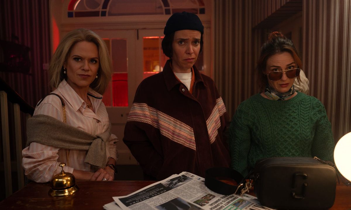 Sinéad Keenan as Robyn, Caoilfhionn Dunne as Dana, and Roisin Gallagher as Saoirse in 'How to Get to Heaven From Belfast' 