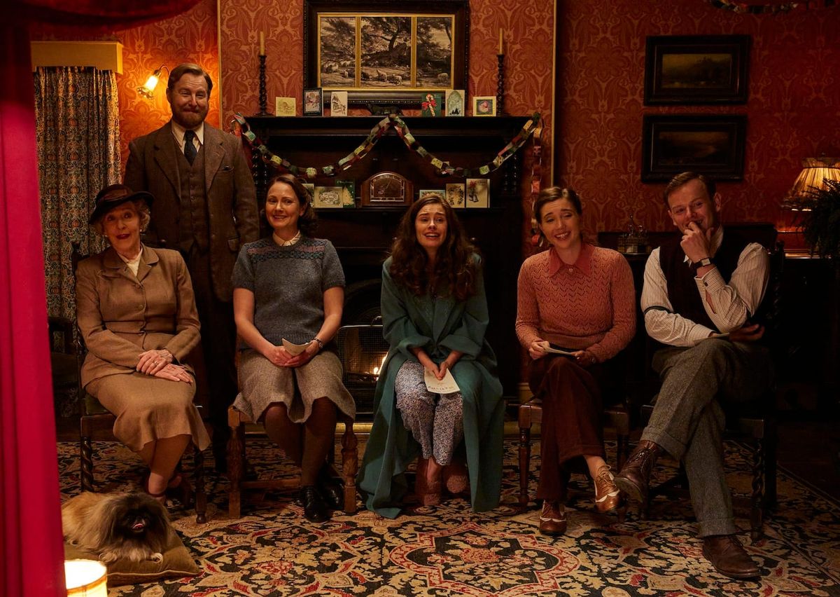 Siegfried, Mrs. Pumphrey, Audrey, Helen, Charlotte, and Tristan gather for the nativity play.