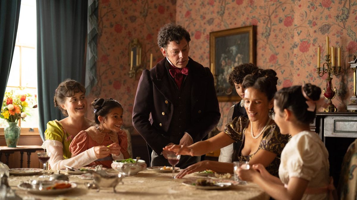 Ella Bruccoleri, Richard Coyle, and Indira Varma in 'The Other Bennet Sister' 
