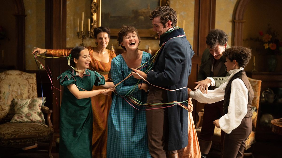 Róisín Bhalla, Indira Varma, Jasmine Sharpe, Ella Bruccoleri, Dónal Finn, Richard Coyle, and Reggie Absolom in 'The Other Bennet Sister' 