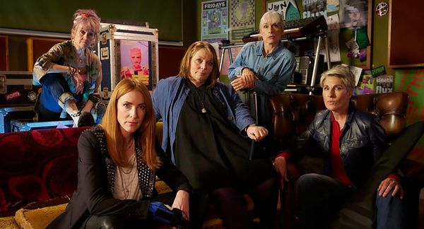 Joanna Scanlan as Beth Thornton, Lorraine Ashbourne as Jess Burchill, Rosalie Craig as Kitty Eckersley, Tamsin Greig as Holly Gaskell, and Amelia Bullmore as Yvonne Vaux in 'Riot Women'
