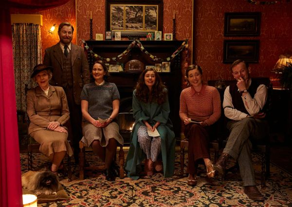 Siegfried, Mrs. Pumphrey, Audrey, Helen, Charlotte, and Tristan gather for the nativity play.