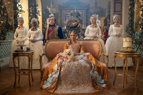 Hugh Sachs as Brimsley, Golda Rosheuvel as Queen Charlotte in 'Bridgerton' Season 4. 