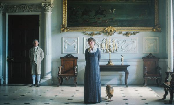 Mary Bennet (Ella Bruccoleri) at Pemberley (Badminton House, Gloucestershire) with Duchess the dog © BritBox