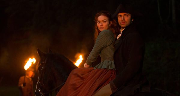 Ross (Aidan Turner) and Demelza (Elinor Tomlinson) on horseback.
