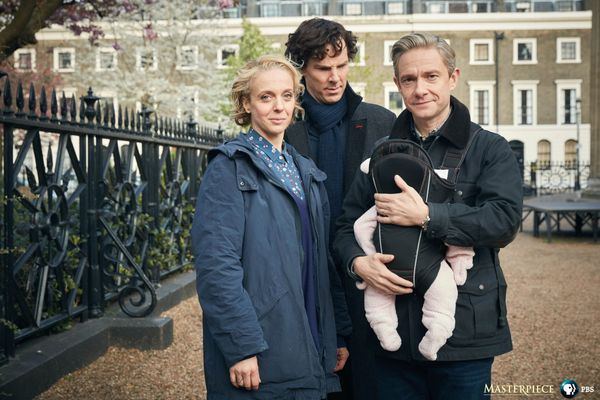 Sherlock (Benedict Cumberbatch), Watson (Martin Freeman) with a baby, and Mary Morton (Amanda Abbington). 