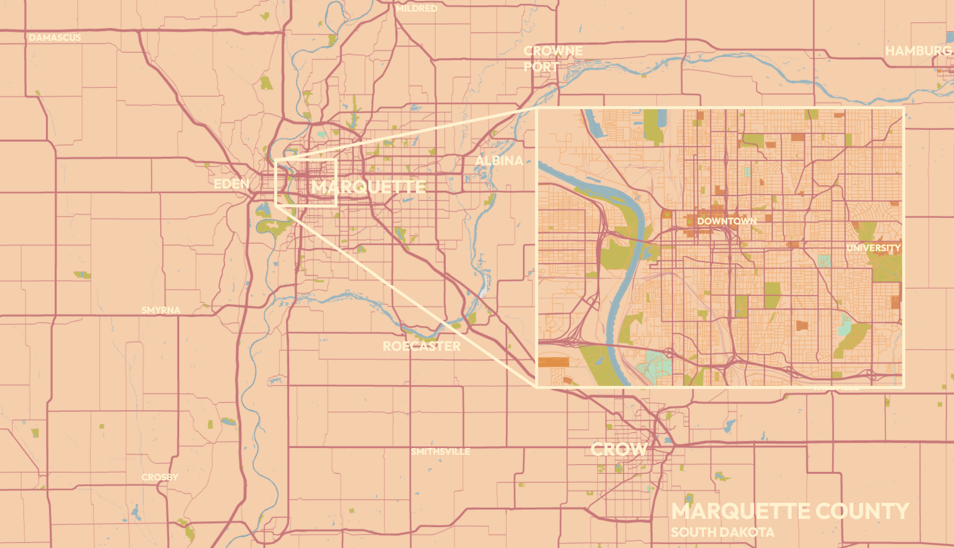 A fictional map of "Marquette County, South Dakota"