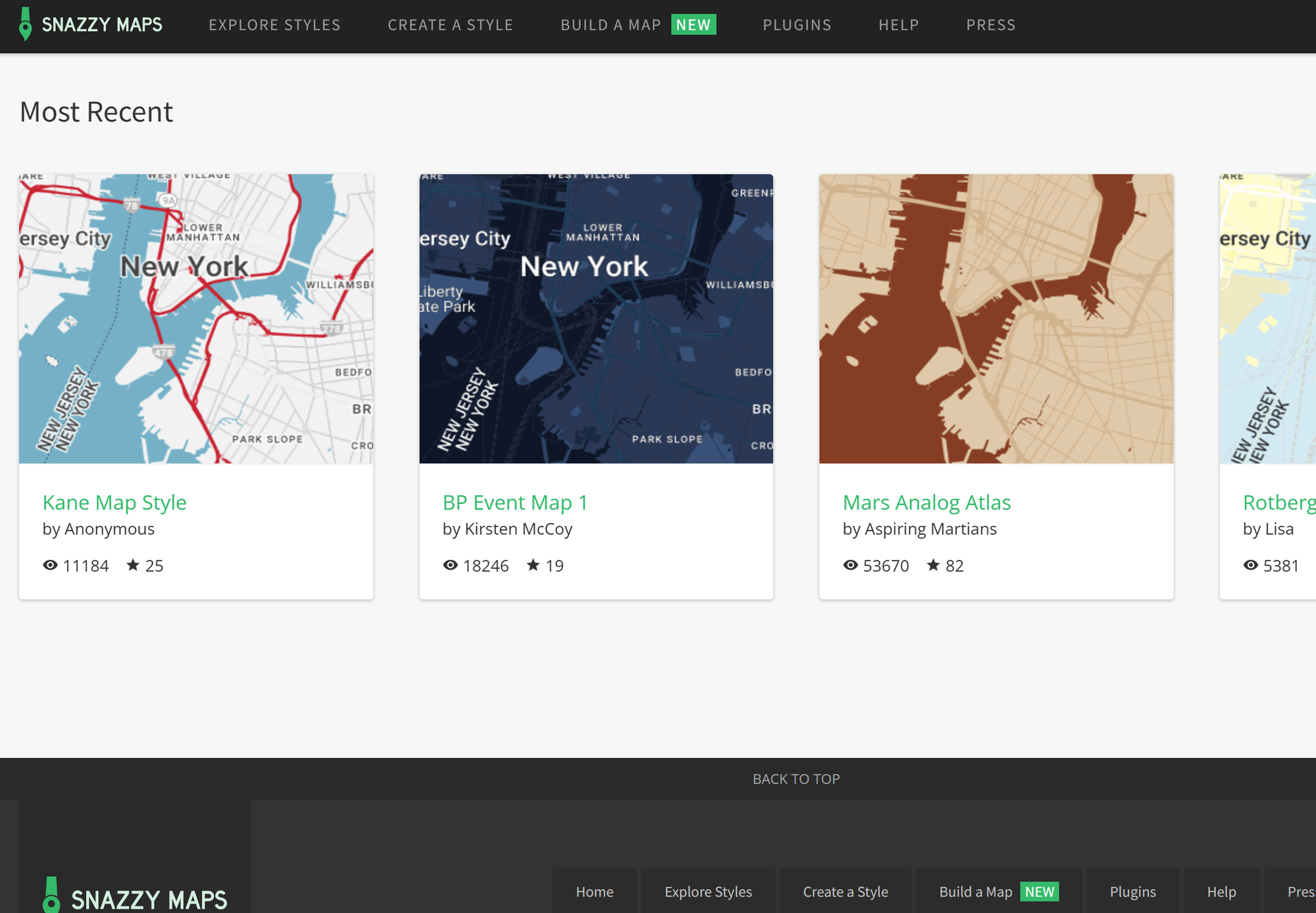 A screenshot of the website snazzymaps.com, showing some recent map styles made by users
