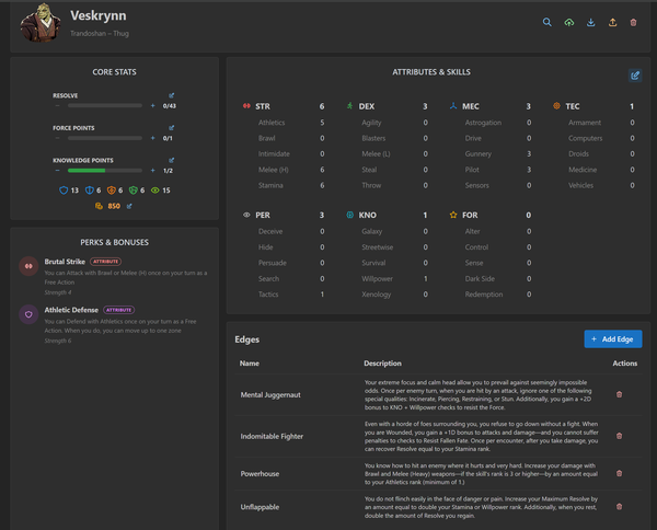 Screenshot showin a work-in-progress character creation and game manager app for our Star Wars TTRPG campaign
